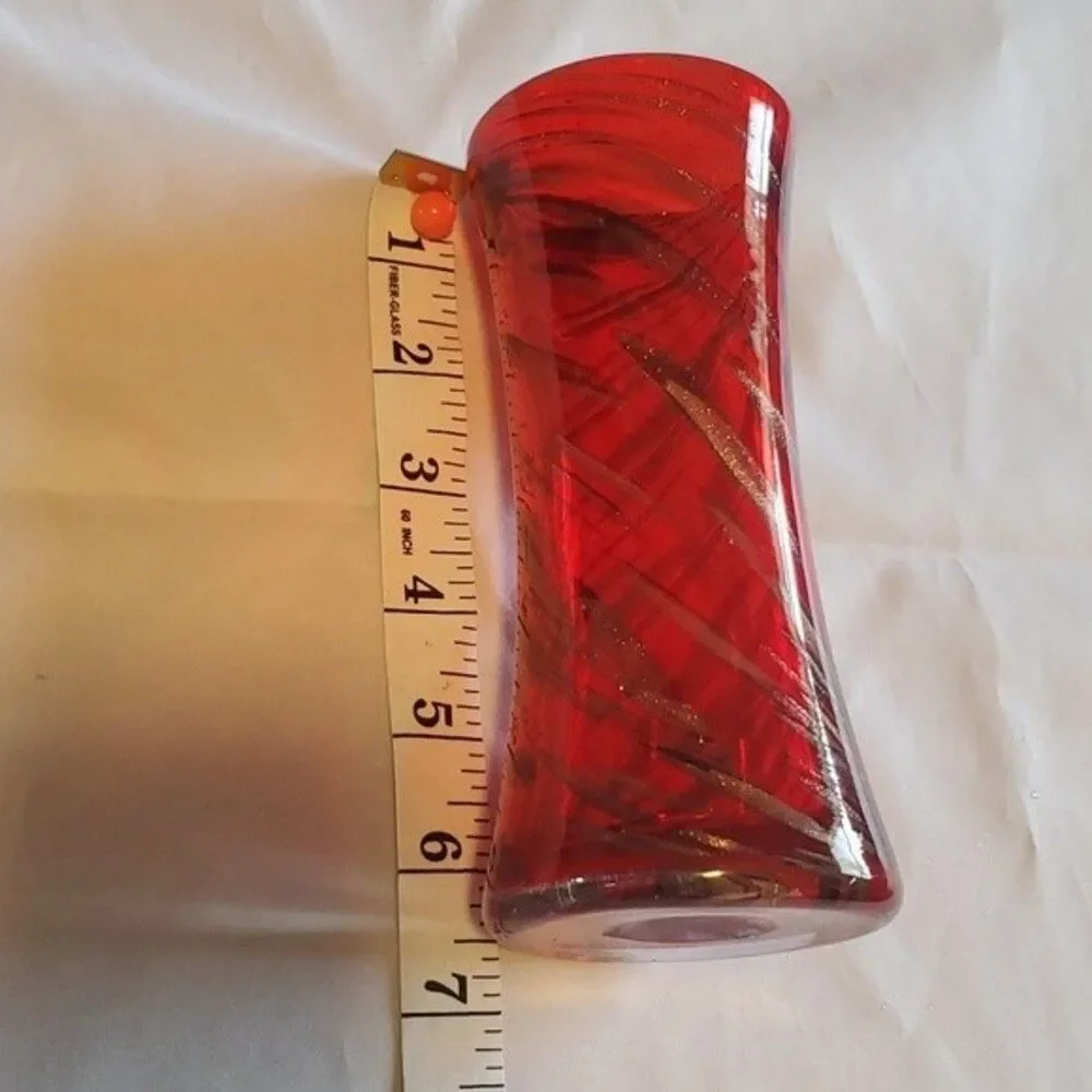 Art Glass Vase | Red with Gold & Black Swirls | Studio-Style Hand Blown MCM